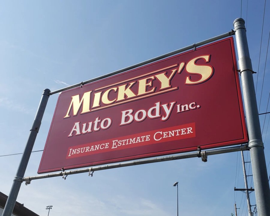Mickey's Auto Body sign at the collision repair shop on Schuyler Avenue in Kearny, NJ